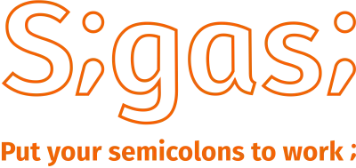 Sigasi written in outline Fira Code font in orange with stylized i's made to look like semicolons