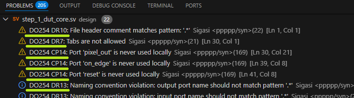 SVH linting message in problems view.