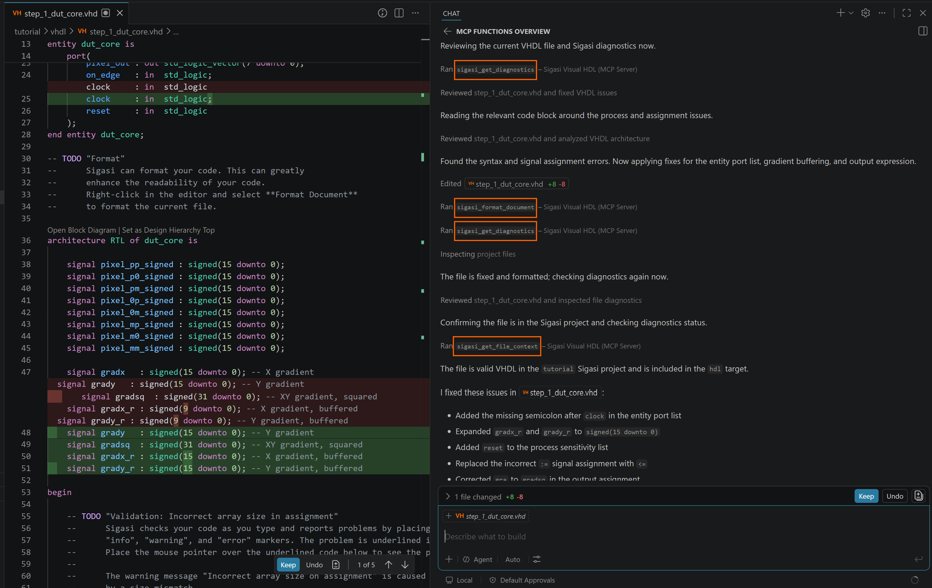 An AI agent using the Sigasi Visual HDL tools to fix and format a file An AI agent chat exercising the Sigasi diagnostics and formatting tools