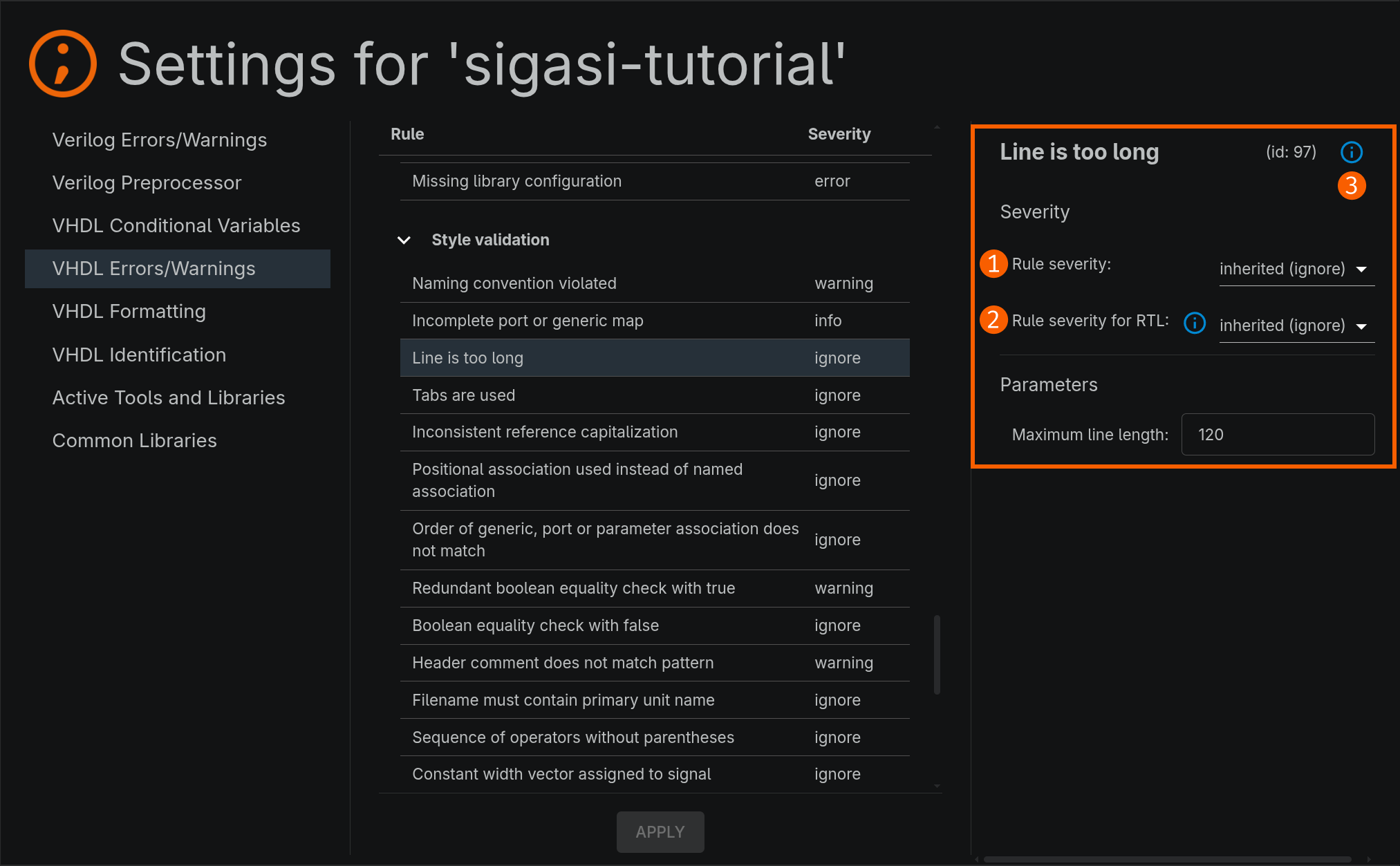 Configure a linting rule's severity and parameters