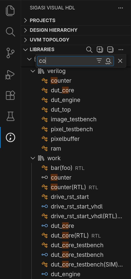 Search in the Sigasi Libraries View