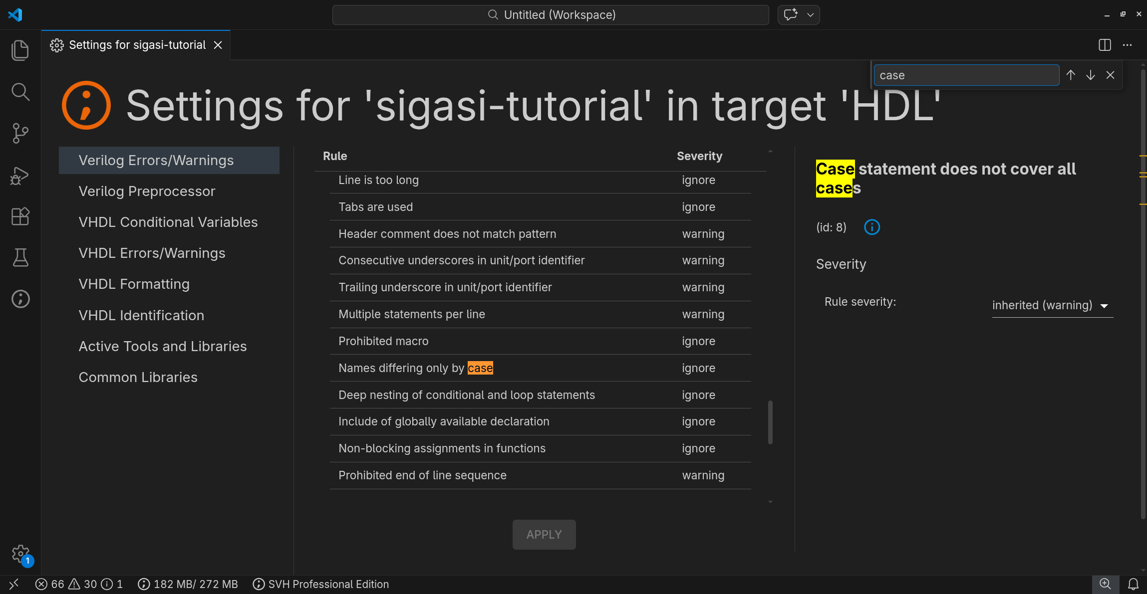 Search in Sigasi settings