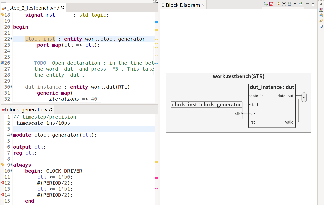 Direct instantiation of a module in VHDL shown in the Block diagram view