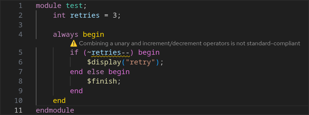 Confusing and non-standard use of unary and decrements operators
