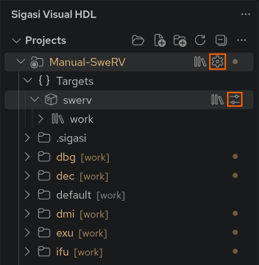 Buttons to quickly access the project and target settings